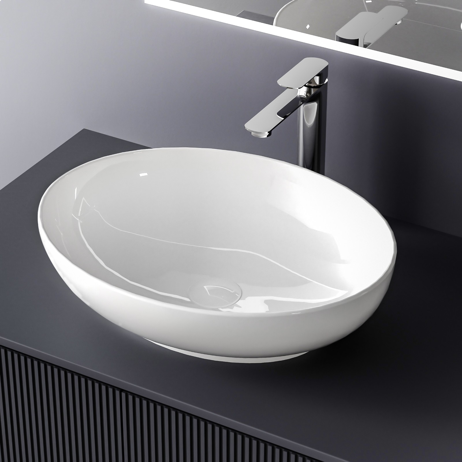 Emke lavabo ovalado sobre encimera, cerámica blanco brillante, 52x39,5x13cm