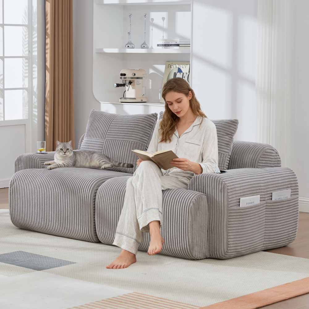 Sofá modular de 2 plazas claro con portavasos y bolsillo lateral pana gris
