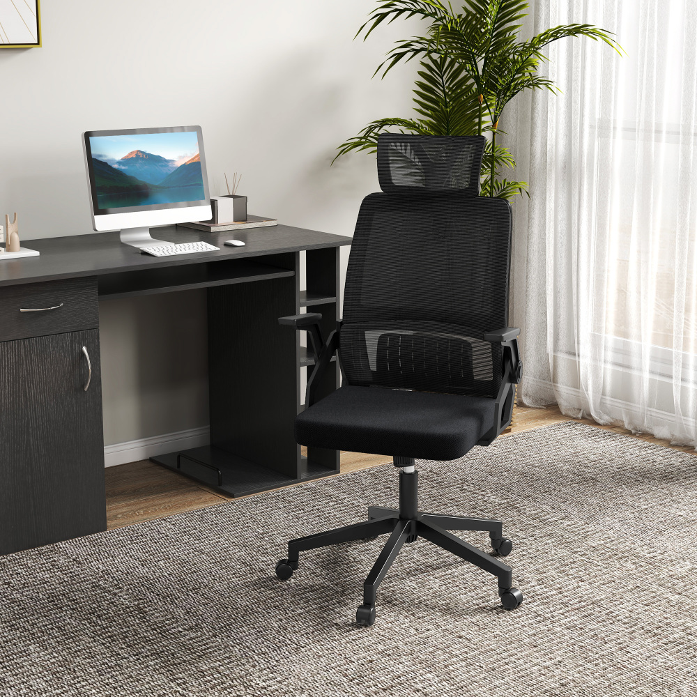 Silla de oficina malla negra con reposacabezas y soporte lumbar ajustable