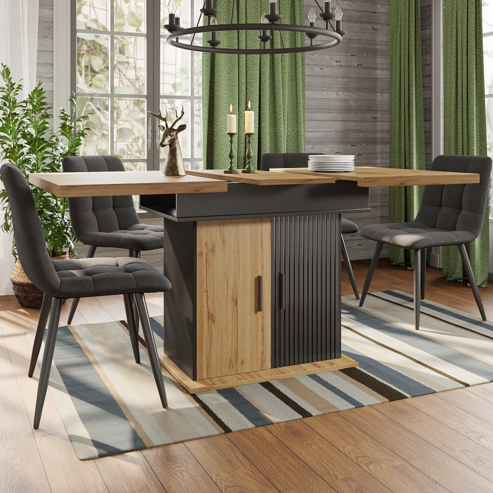 Mesa comedor extensible negro natural con espacio de almacenaje