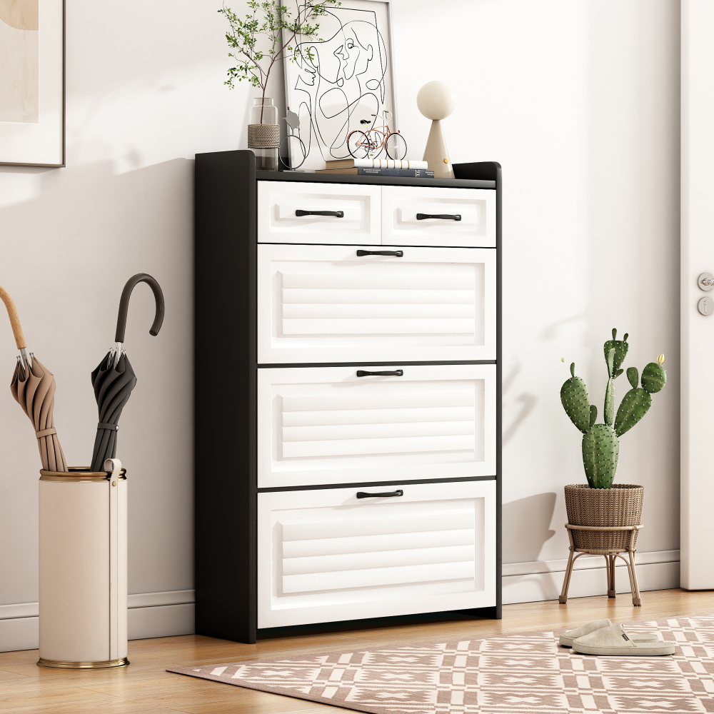 Mueble zapatero blanco con 3 compartimentos y 2 cajones