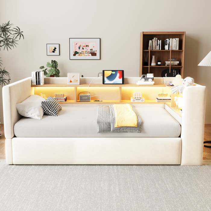 Cama tapizada 90x190cm con almacenaje, LED y tomas de corriente felpa beige