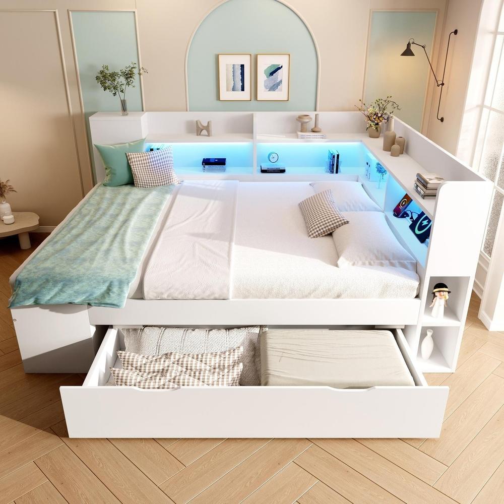Cama de día 140x200cm con LED, usb-c, estantes, cajones, somier blanca