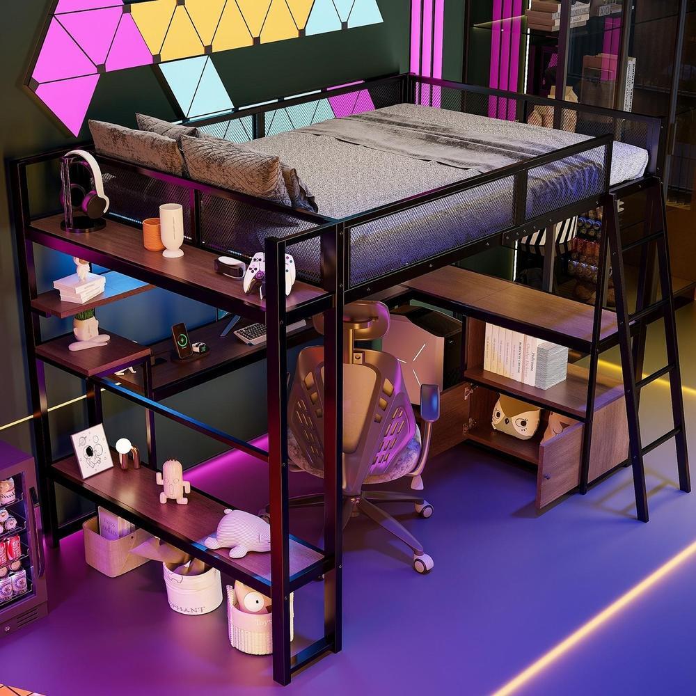 Cama loft gaming 140x200cm, escritorio, LED y estación de carga, negra