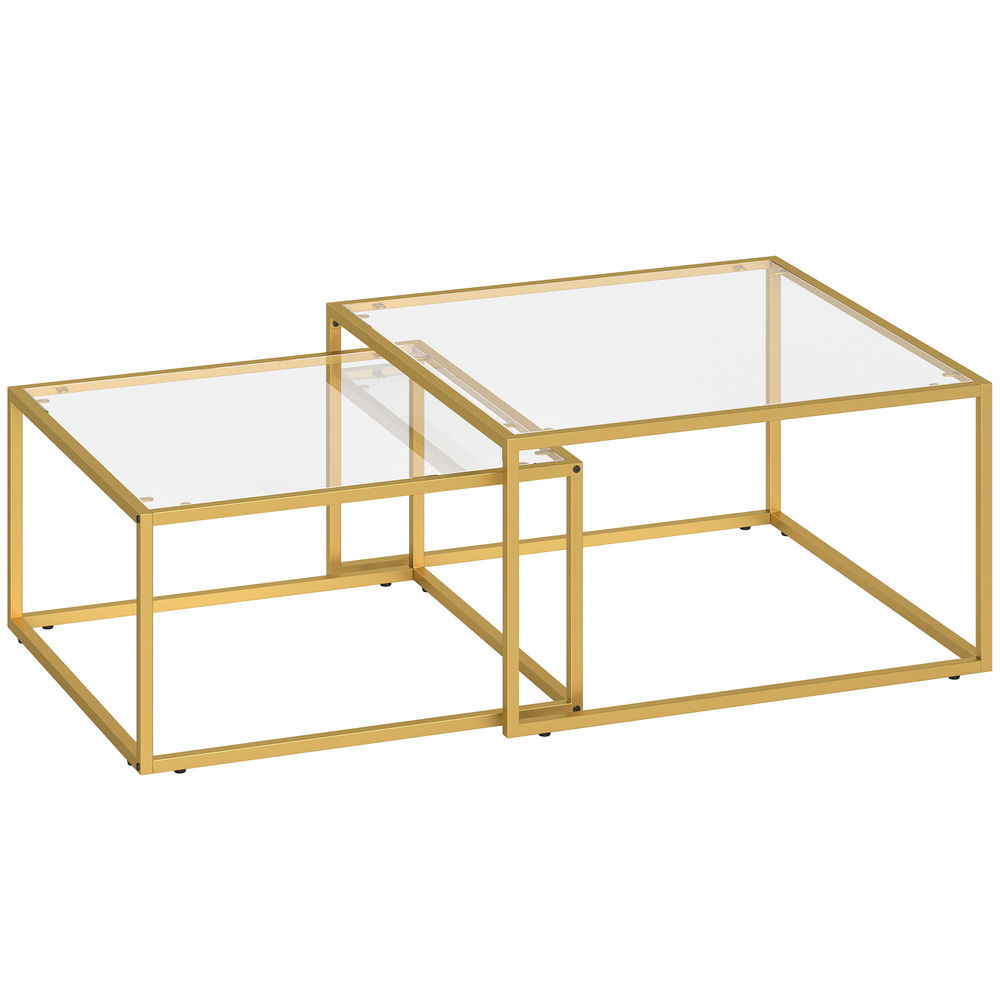 Mesas nido 75x75x42 cm vidrio templado, metal color amarillo Homcom