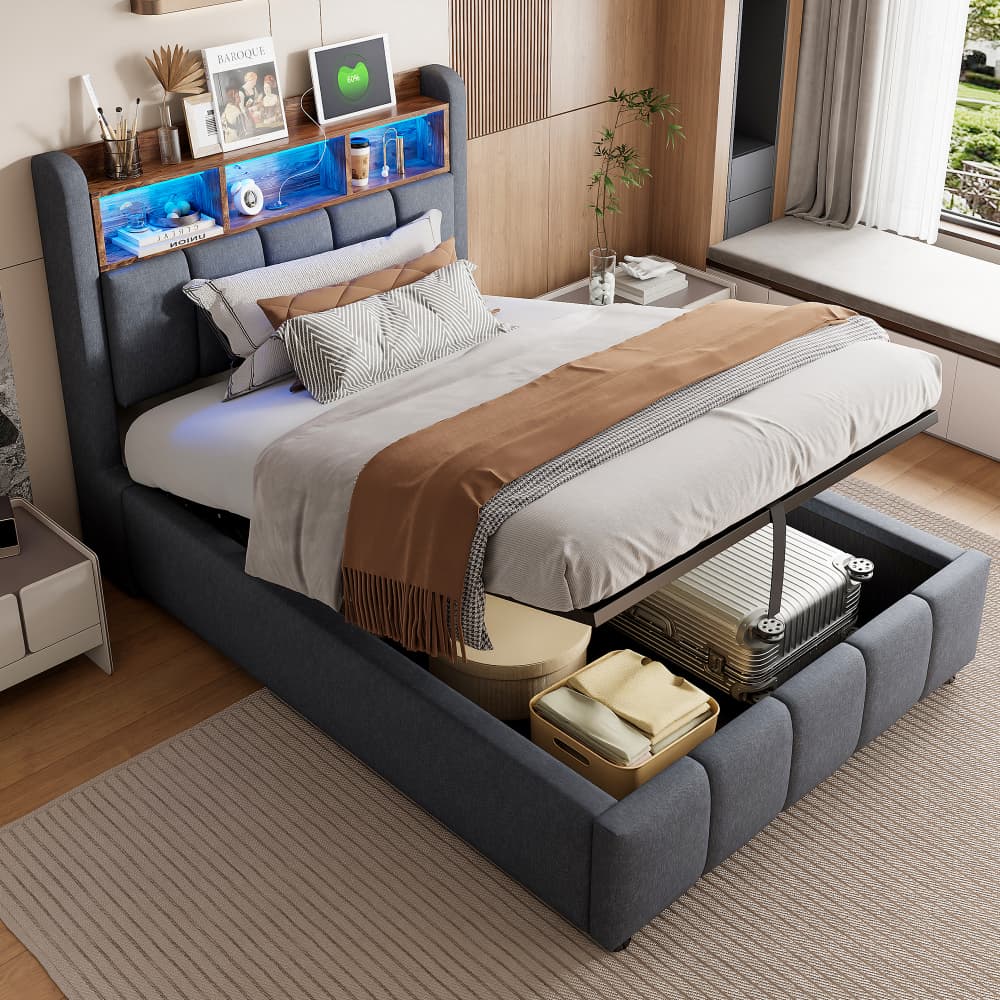 Cama individual tapizada 90x200cm con canapé hidráulico, LED, usb lino gris
