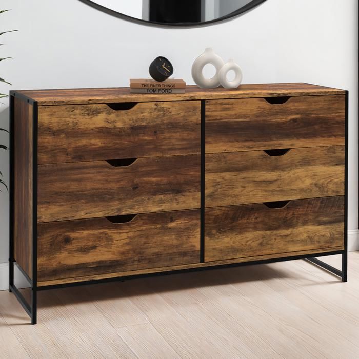 Cómoda industrial de 6 cajones de madera y metal negro de 140 cm