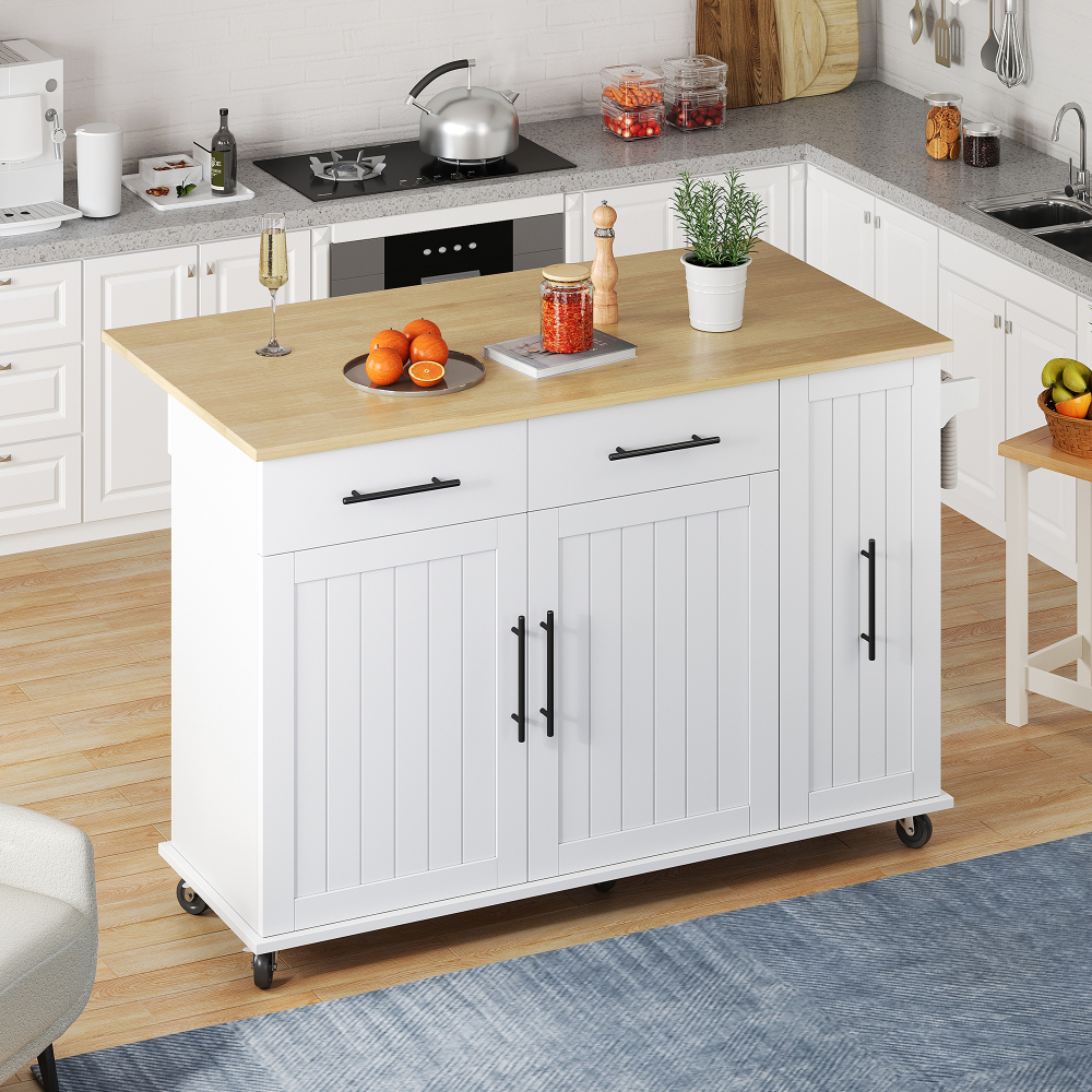 Isla de cocina con ala abatible 2 cajones blanco y natural 90x120x40cm