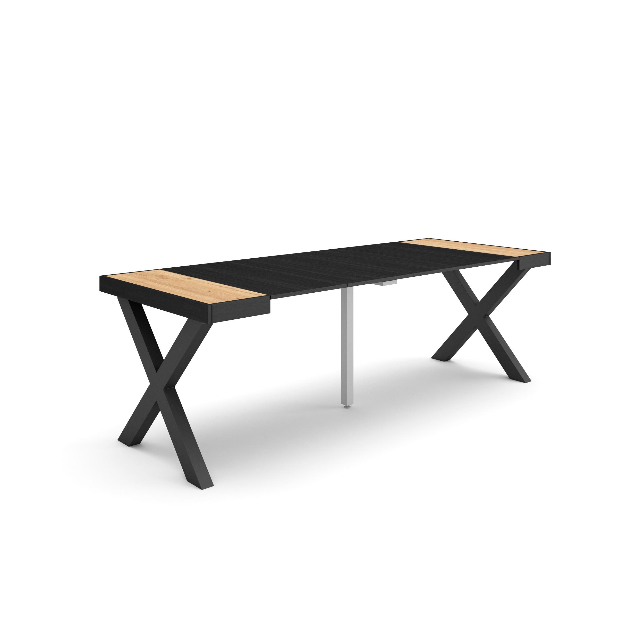 Mesa extensible, 58/222x90x73cm, roble y negro, patas madera maciza rf2791