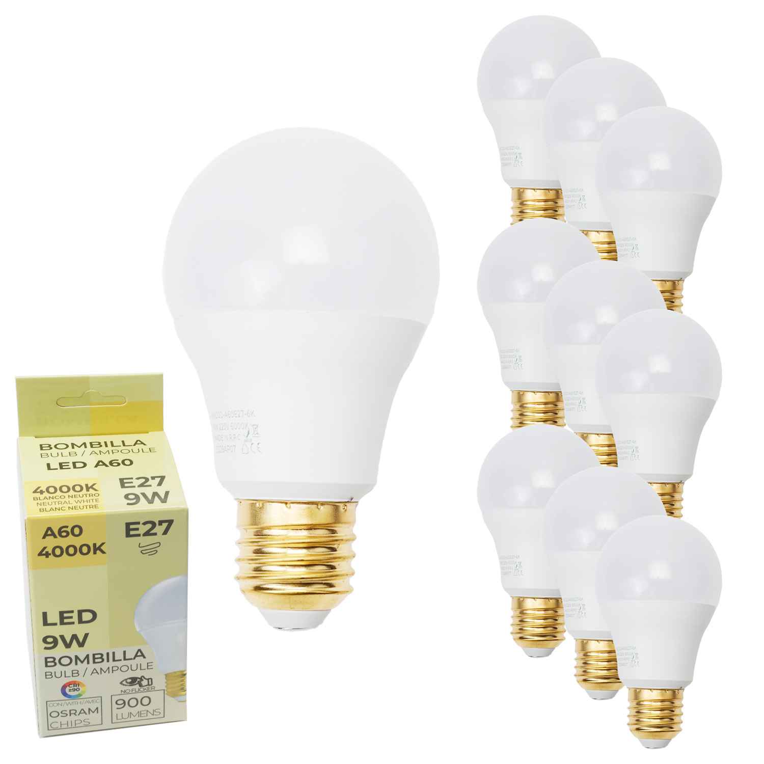 Pack 10 Bombillas LED E27 A60 9W Blanco Neutro 4000K Sin Parpadeo 900lm