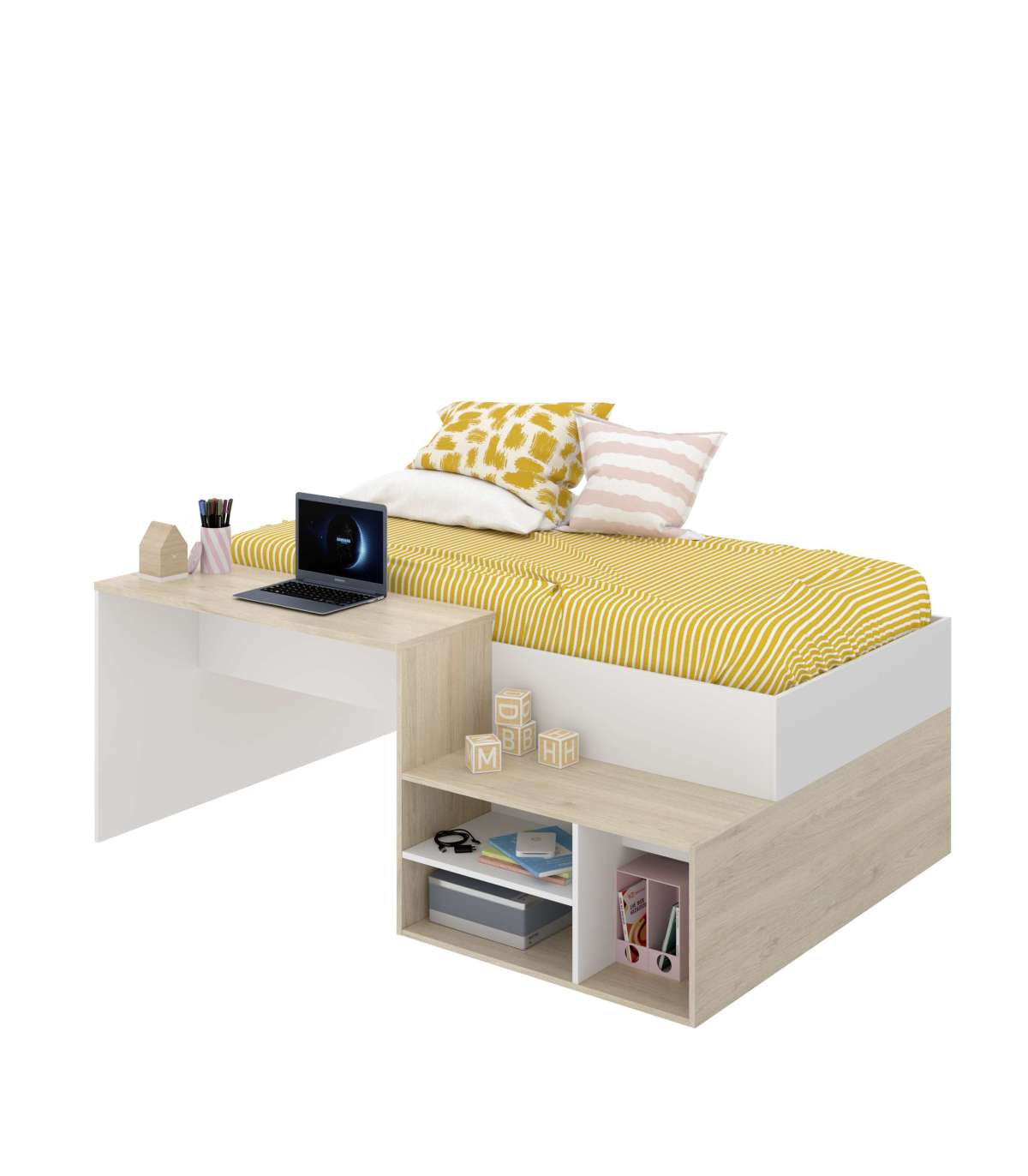 Cama compacta con escritorio integrado y almacenamiento