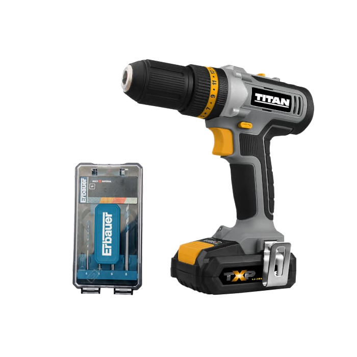Taladro percutor 18V batería 2Ah Titan y pack 4 brocas Erbauer