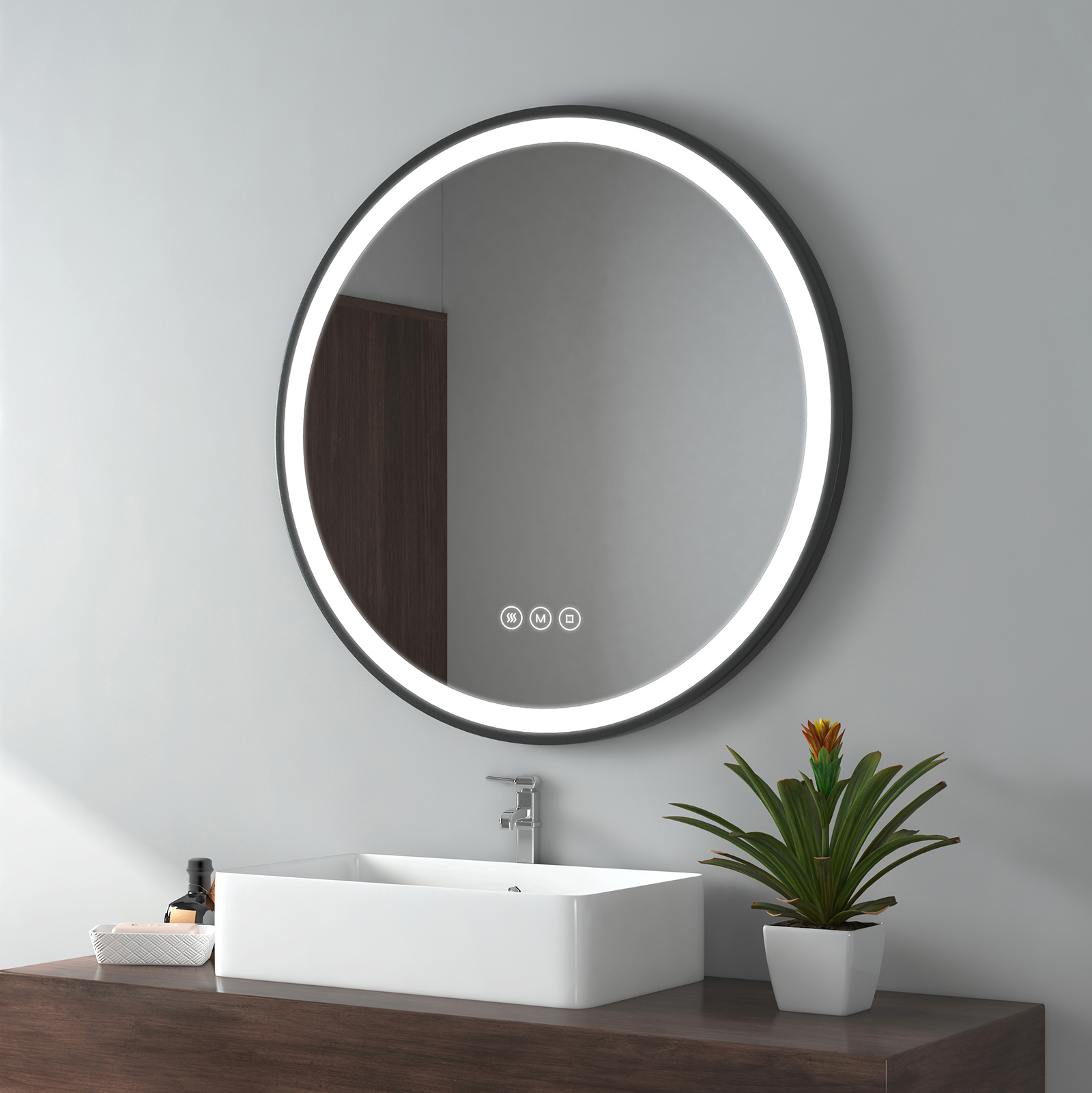 Emke espejo LED ø80 cm, antivaho, 3 tonos de luz, correa ajustable