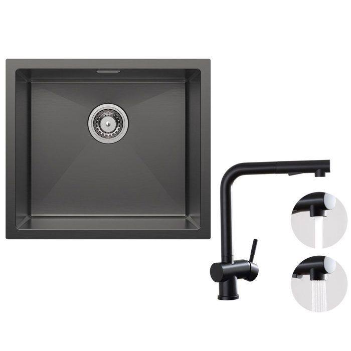 Fregadero de cocina encastrable 1 seno 50×44cm acero inoxidable negro antra