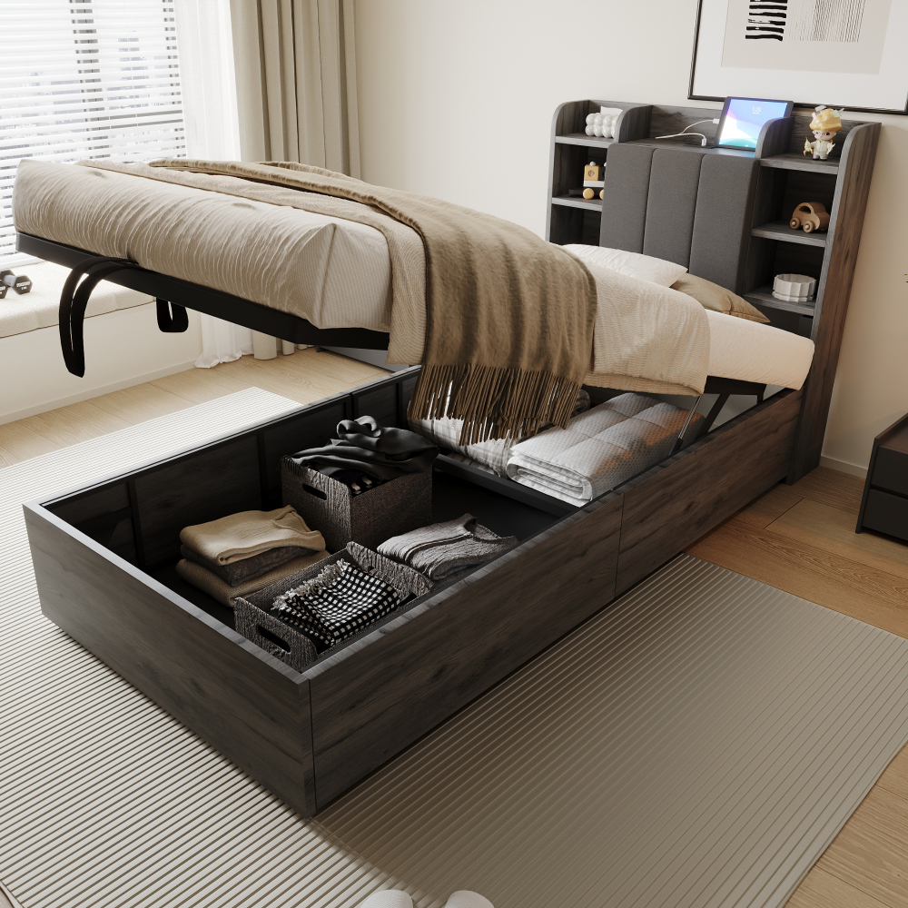 Cama individual 90x200 cm con canapé hidráulico y usb mdf – color gris