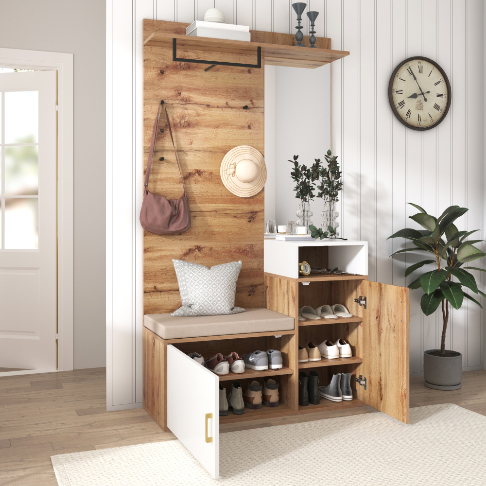 Conjunto mueble recibidor con espejo blanco madera 190,5x105x40cm