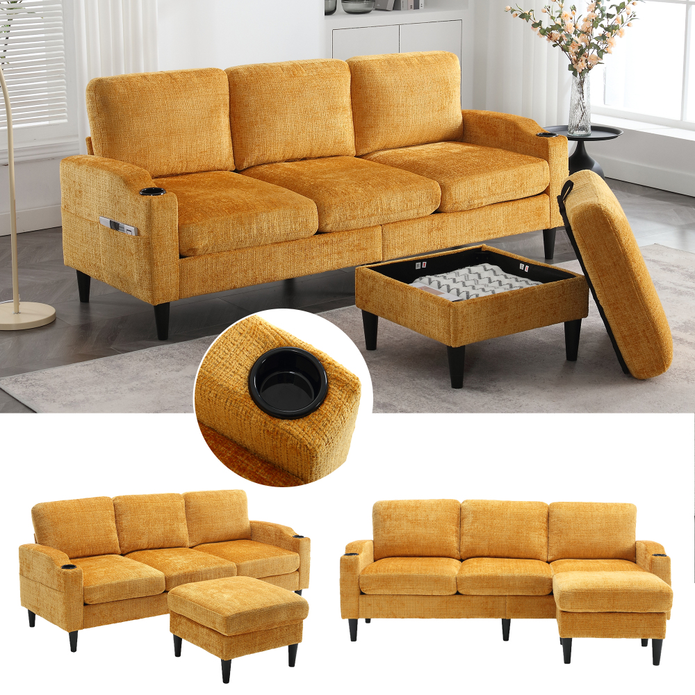 Sofá 4 plazas modular chenilla amarillo con otomana almacenaje
