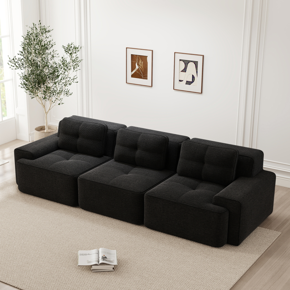 Sofá modular de pana negro de 3 plazas con asiento profundo y sin montaje