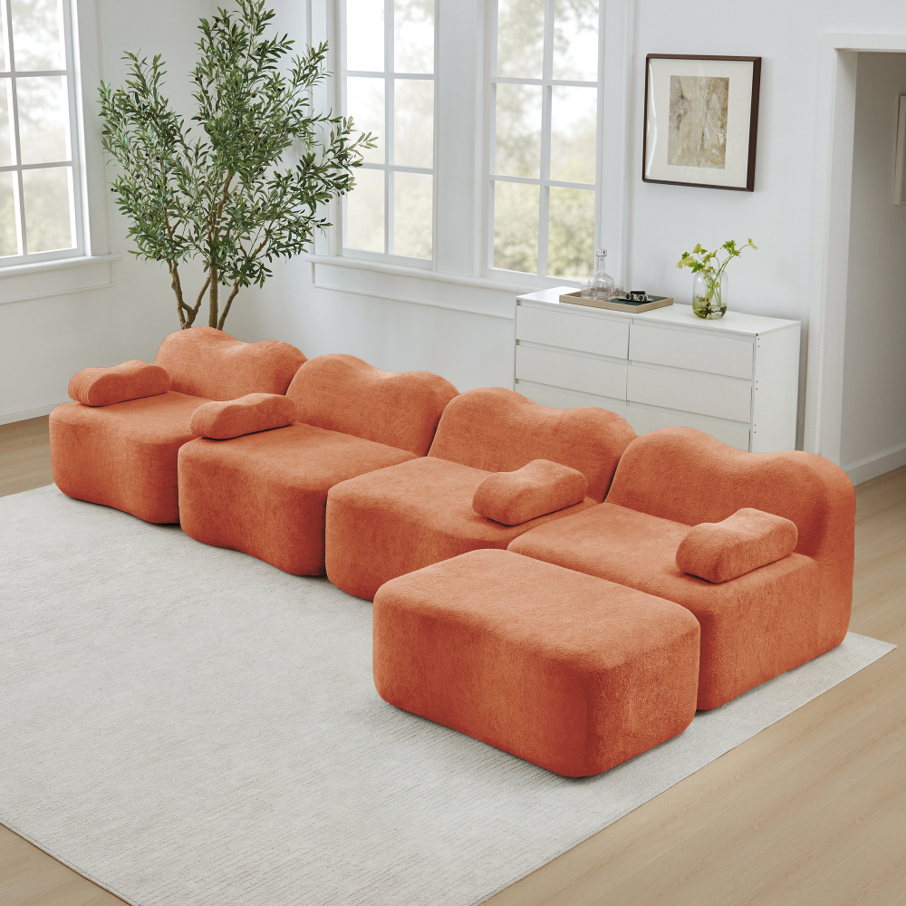 Sofá modular en l 4 plazas terciopelo naranja otomana brazo móvil