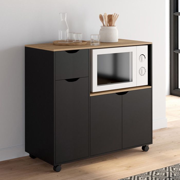 Carrito de cocina auxiliar negro madera - l 90 cm
