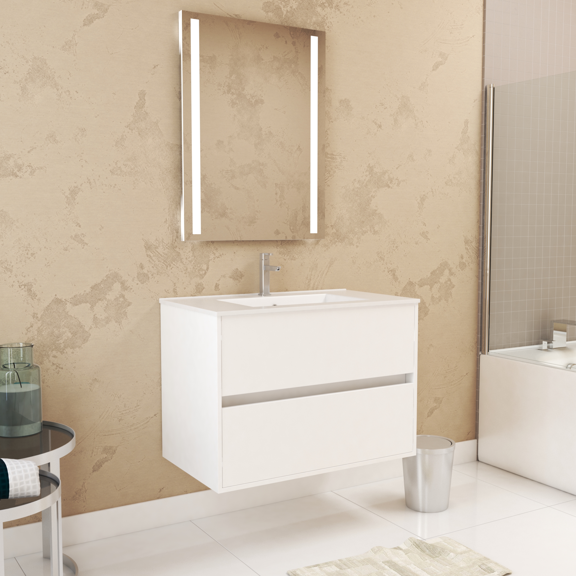 Pack mueble 80 cm blanco 2 cajones + lavabo + espejo LED doble