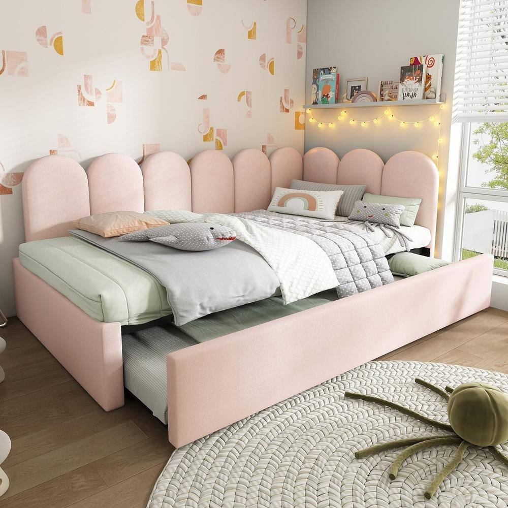 Cama banqueta 90x200cm con cama nido 90x190cm, terciopelo,2 camas,rosa