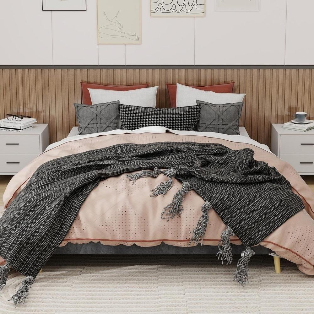 Cama 160x200cm velour gris, base plataforma, estilo moderno