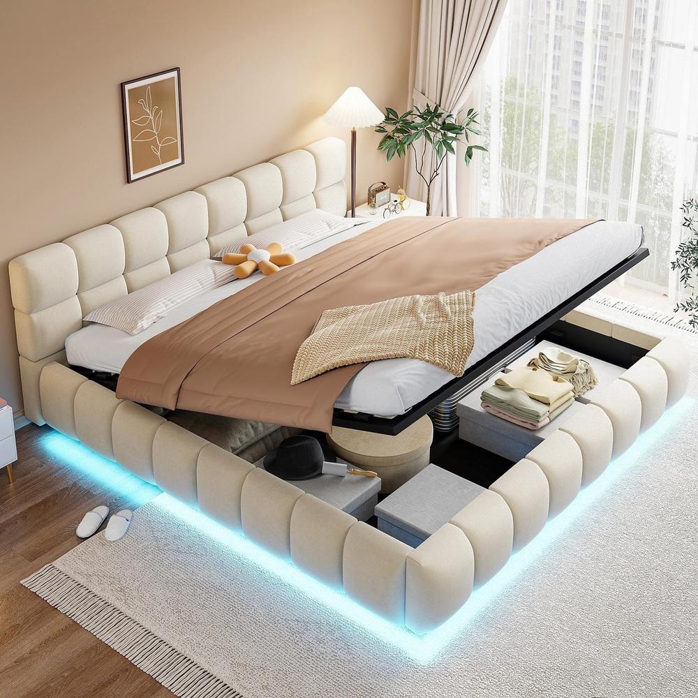 Cama doble tapizada 180x200 cm, beige, LED y almacenaje hidráulico