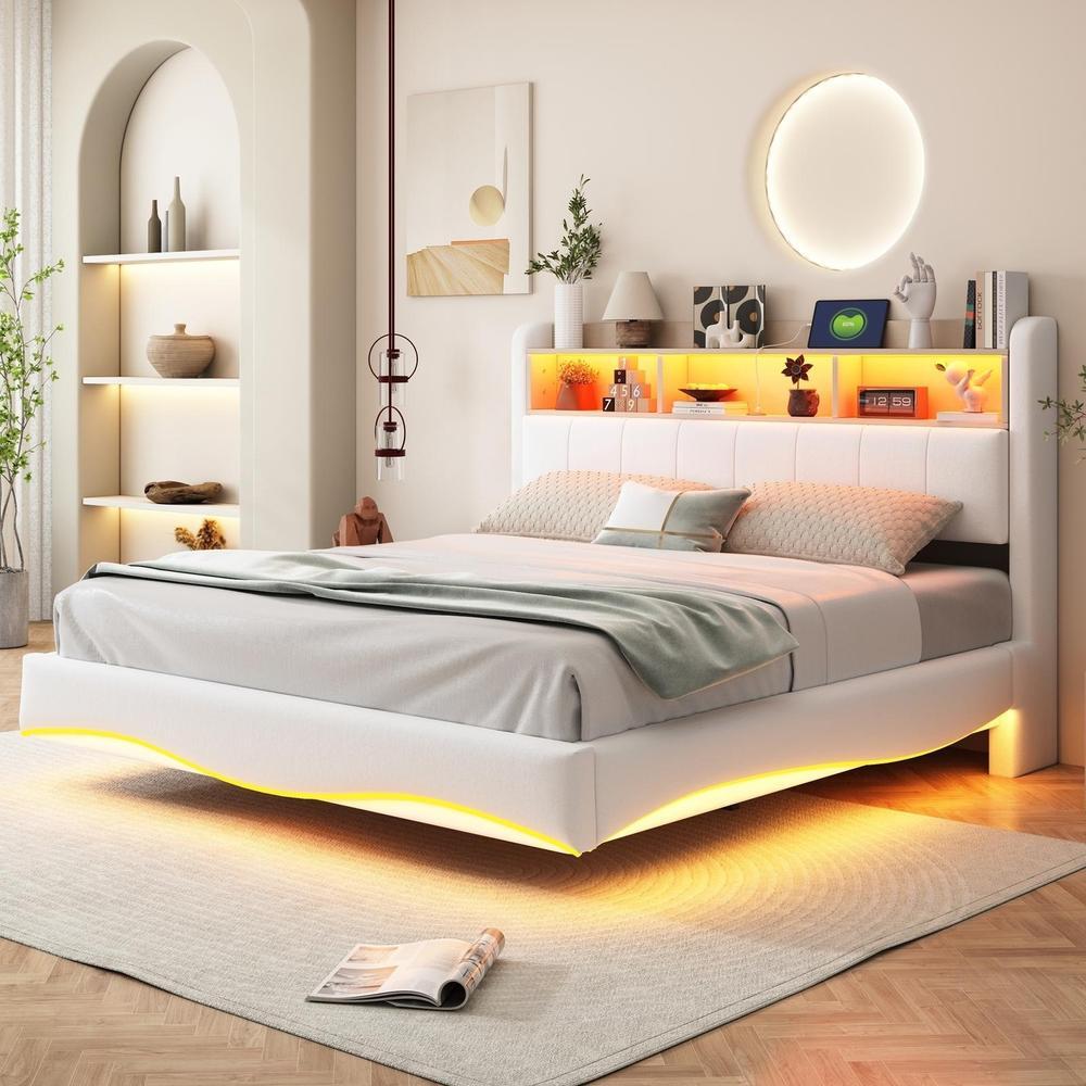 Cama 160x200 cm con efecto suspendido, LED, usb-c y almacenaje beige