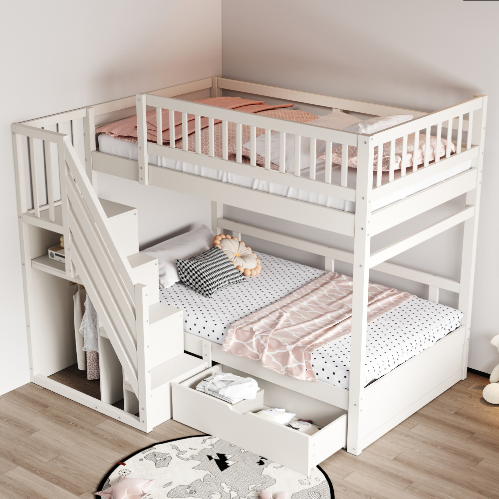 Litera 90x200cm con cajones, barandilla alta y somier, madera – blanco