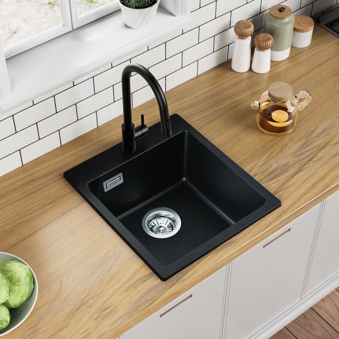 Fregadero de cocina - granito - negro - 1 cubeta - 40x45x20cm - antiodor y