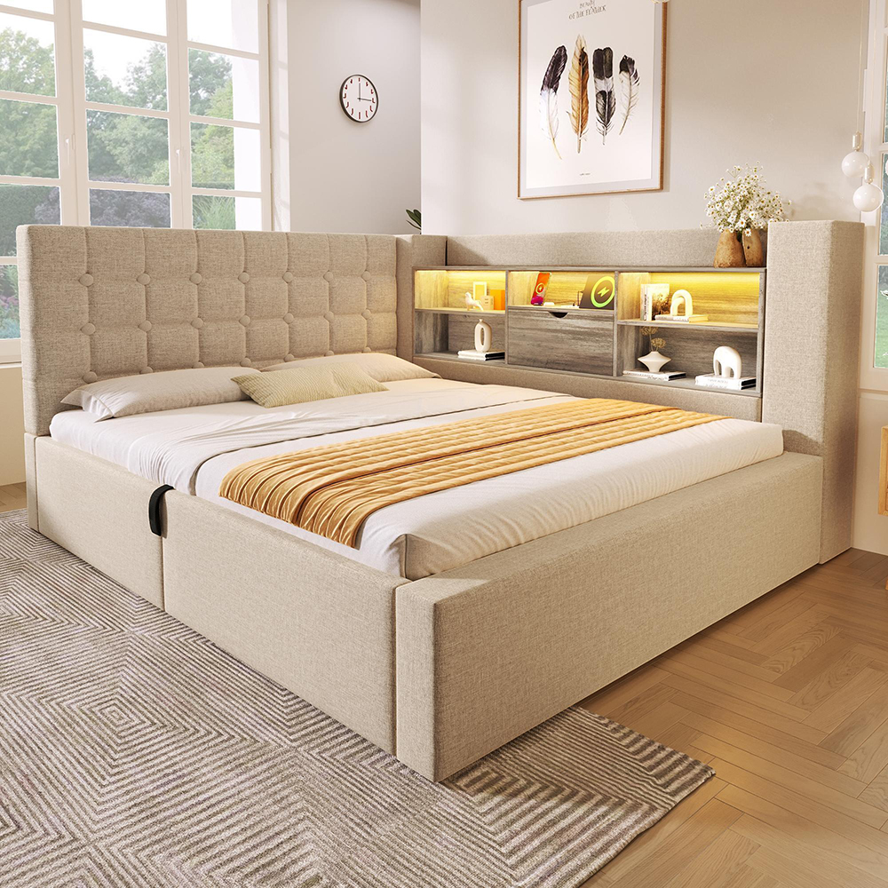 Cama tapizada,140×190,hidráulica,somier de láminas,gris