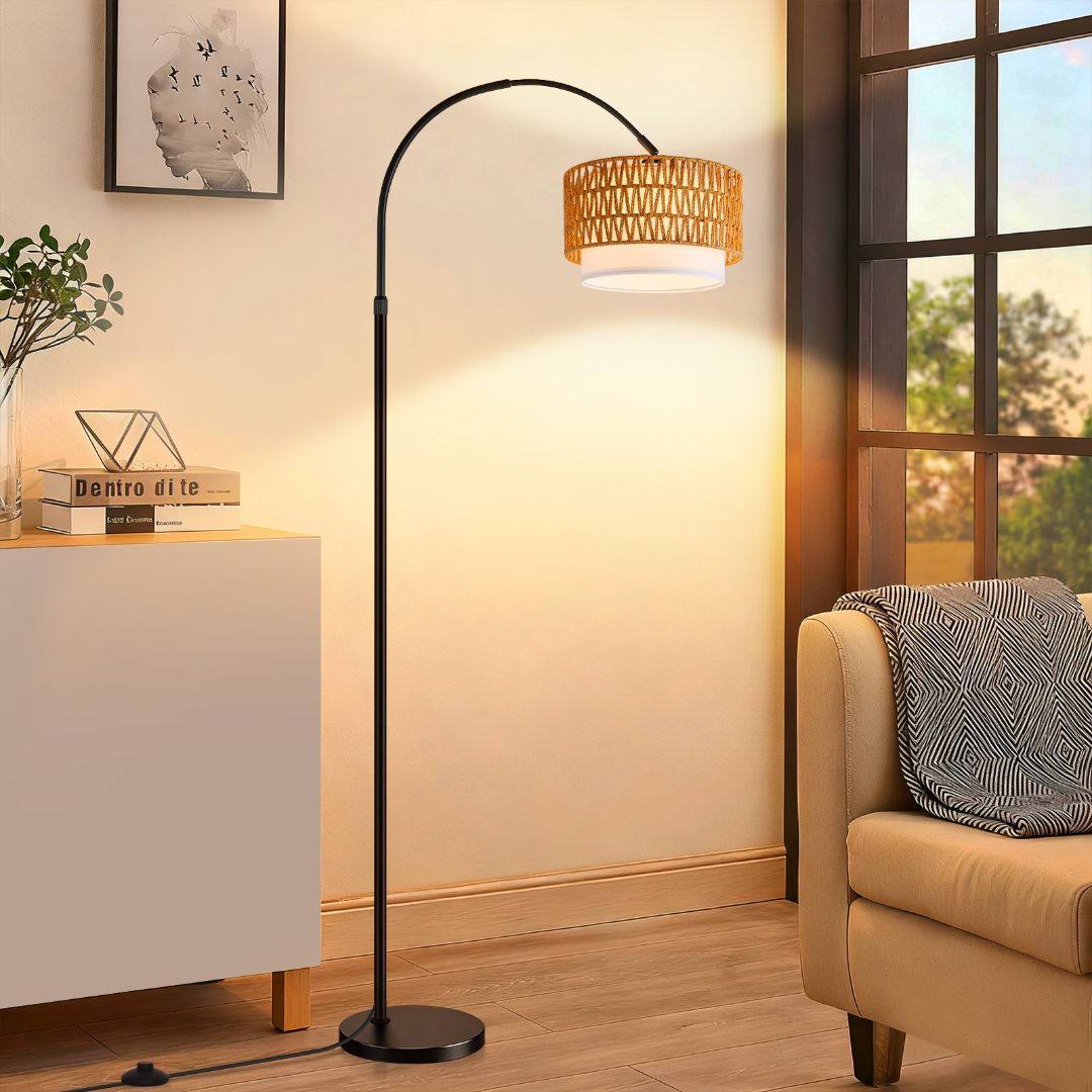 Nettlife lámpara pie arco boho ratán negro regulable mando altura ajustable
