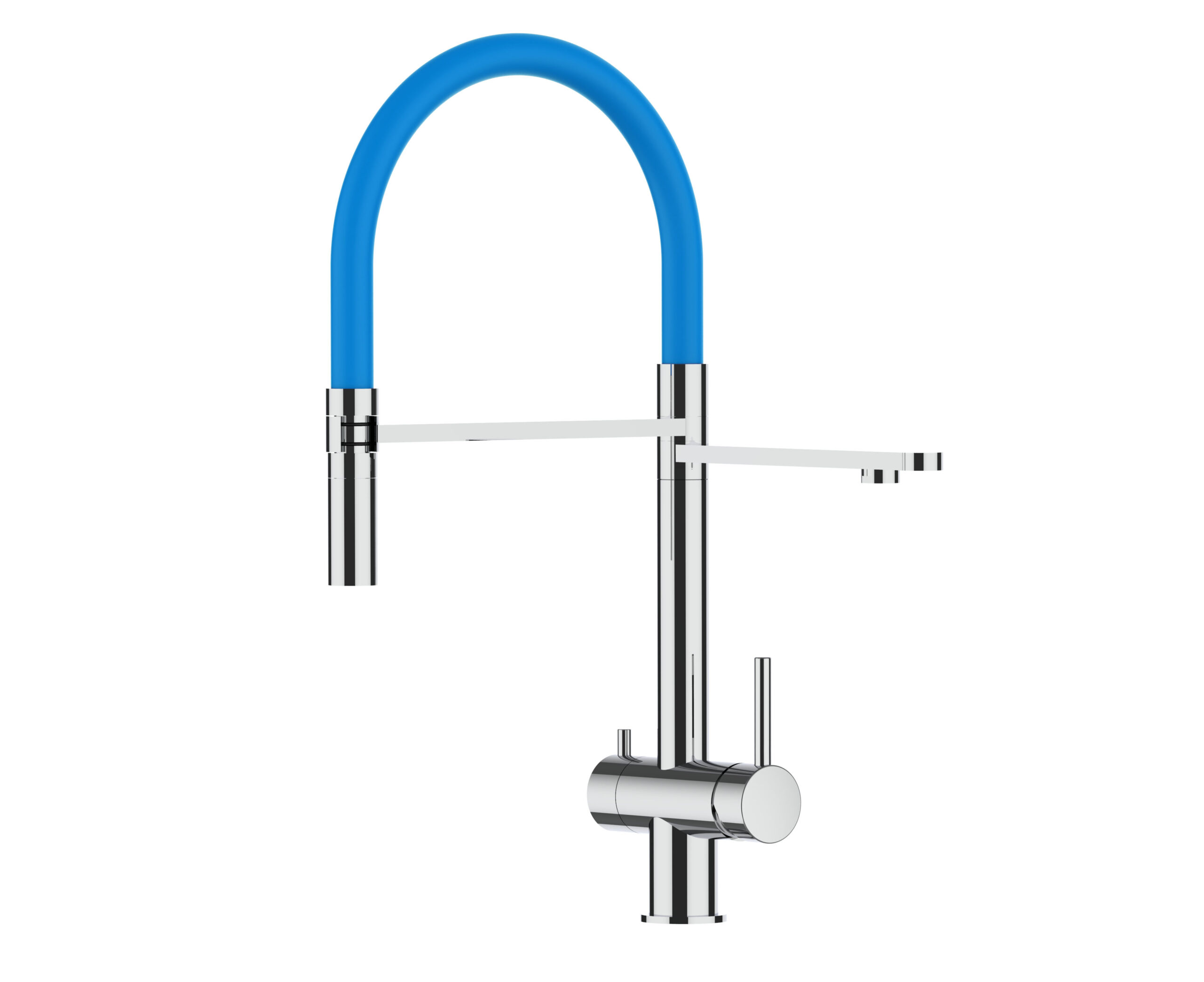 Grifo de cocina 3vías acero inox ducha 2chorros amovible, pulido/azul claro