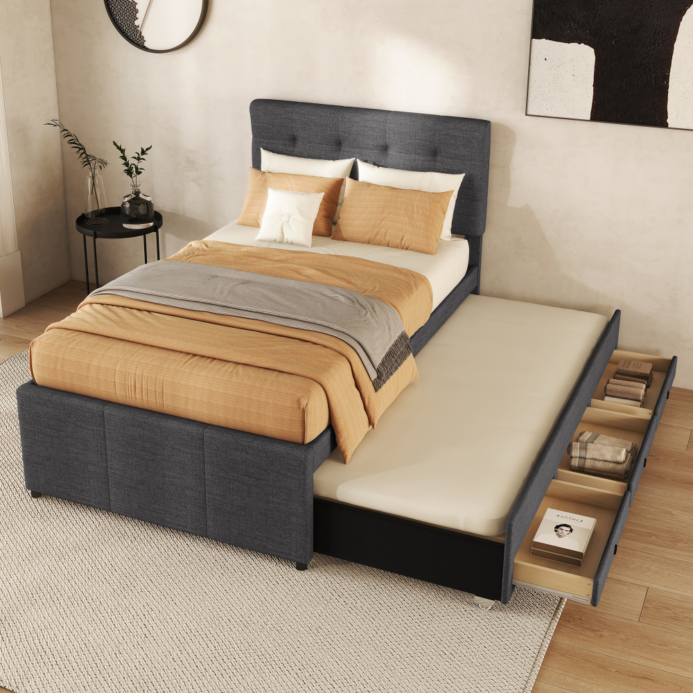 Cama nido 90x200cm con 3 cajones y cabecero ajustable lino – gris