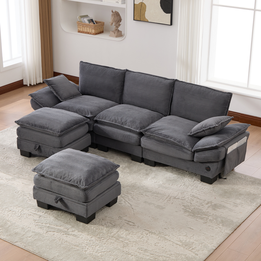 Sofá modular 3 plazas pana gris oscuro con 2 otomanas usb y bolsillos