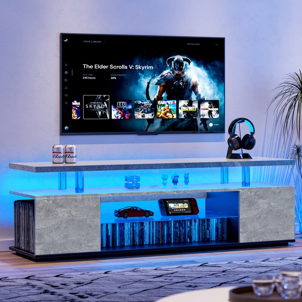 Mueble de tv con LED y 3 puertas gris negro