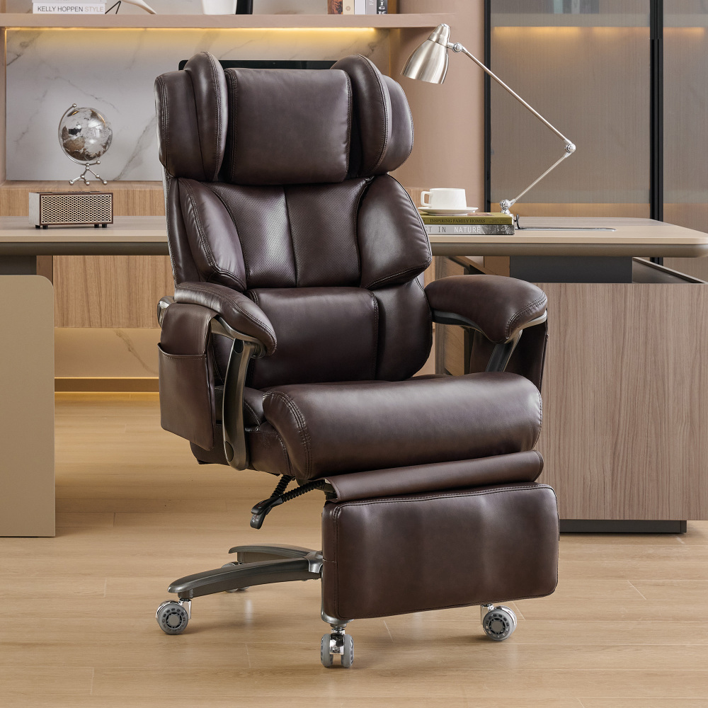 Silla oficina ergonómica pu marrón con masaje y reposapiés