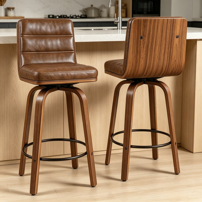 Taburete de bar giratorio pu marrón rojizo con patas de madera