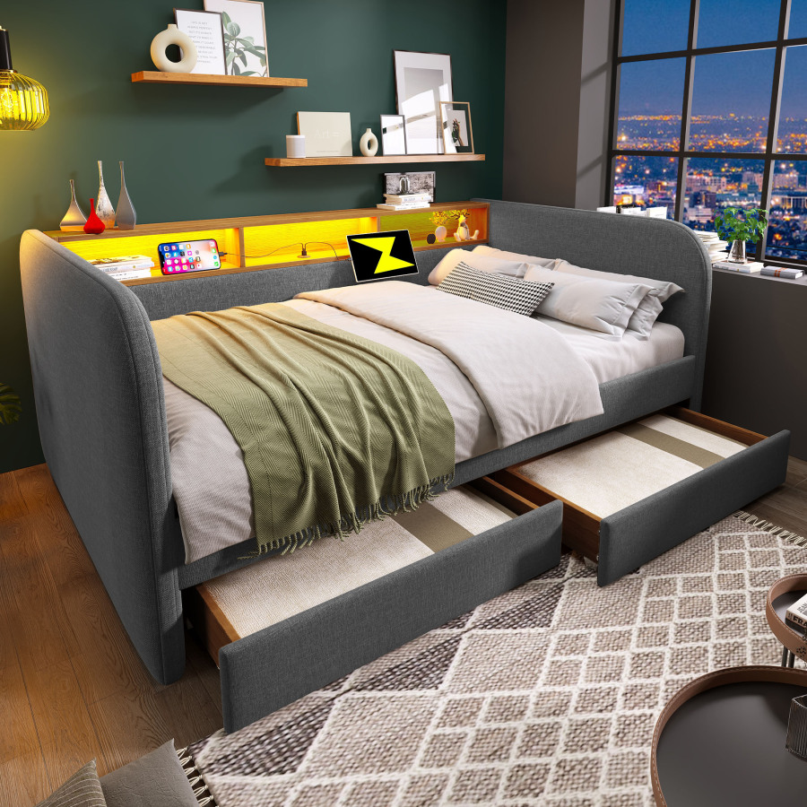 Cama tapizada 140x190 cm con LED, usb y 2 cajones de lino – color gris