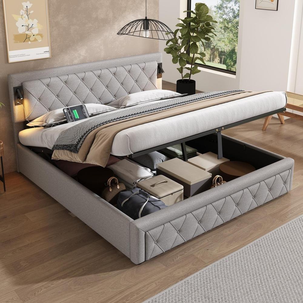 Cama doble tapizada con almacenamiento hidráulico 180x200cm gris