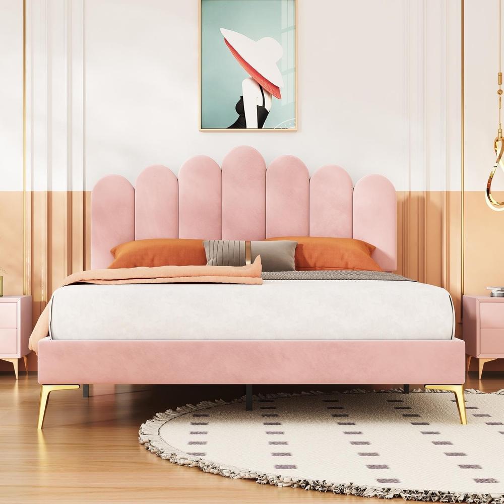 Cama doble 140x200 cm terciopelo con cabecero ajustable rosa