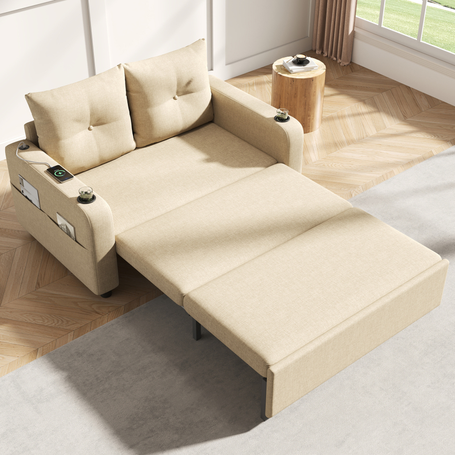 Sofá cama 3 en 1 de lino algodón beige 2 plazas con usb y portavasos