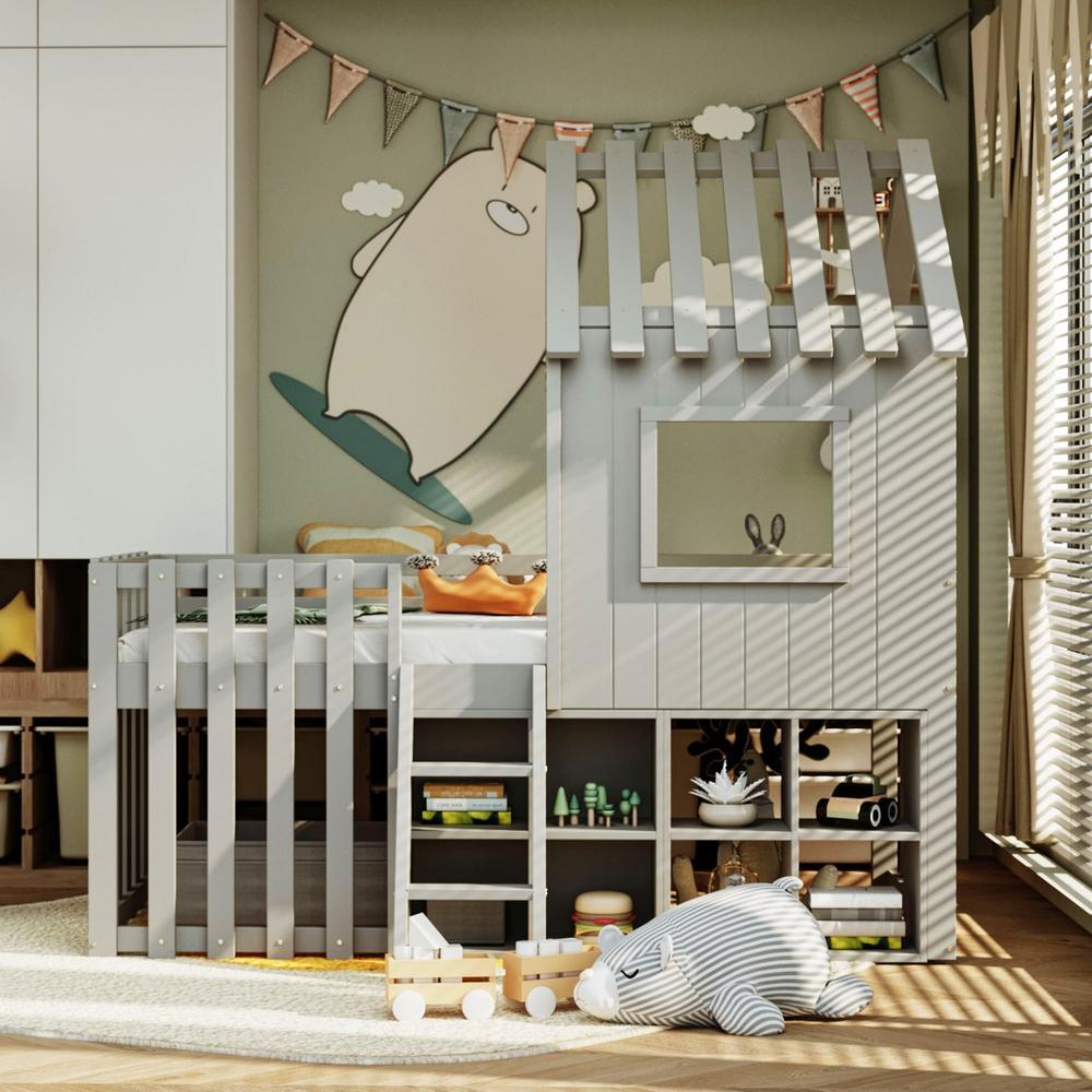 Cama infantil de madera con techo y ventana 90x200cm gris