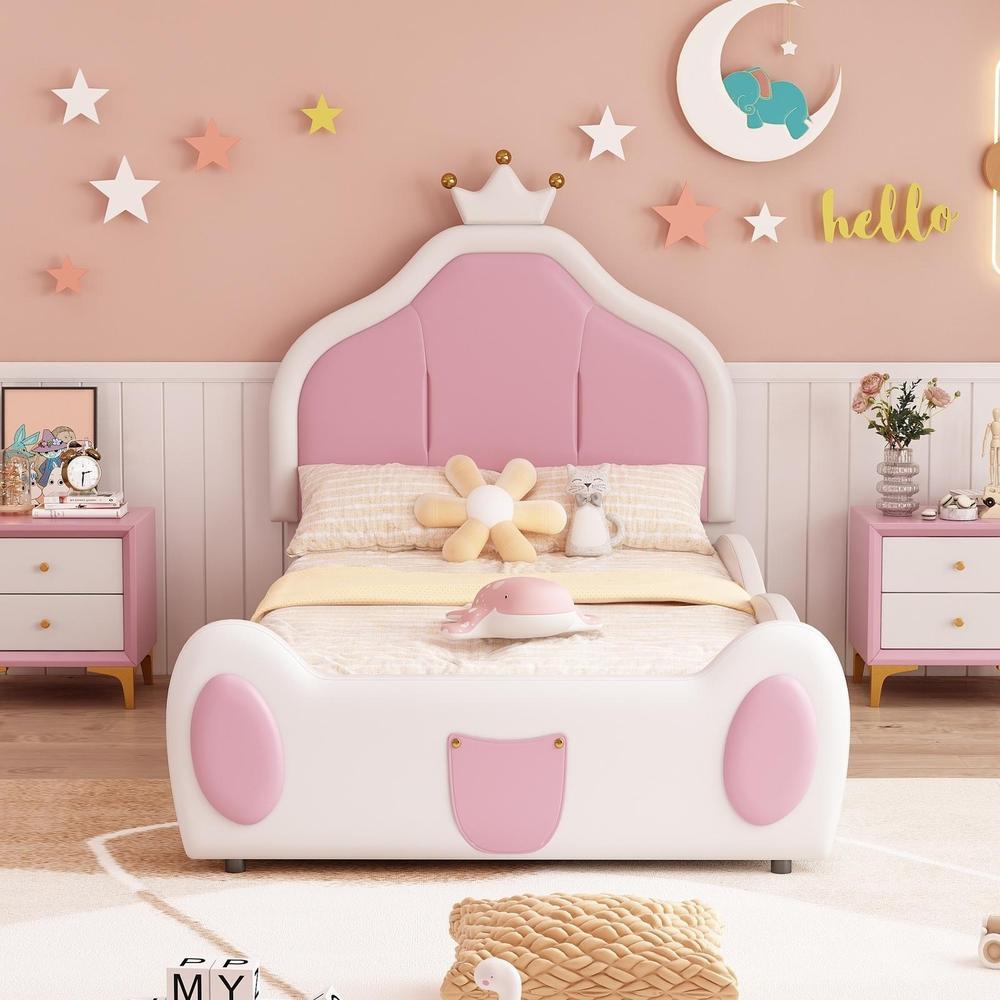 Cama infantil 90x200 cm con cabecero corona bicolor blanco y rosa