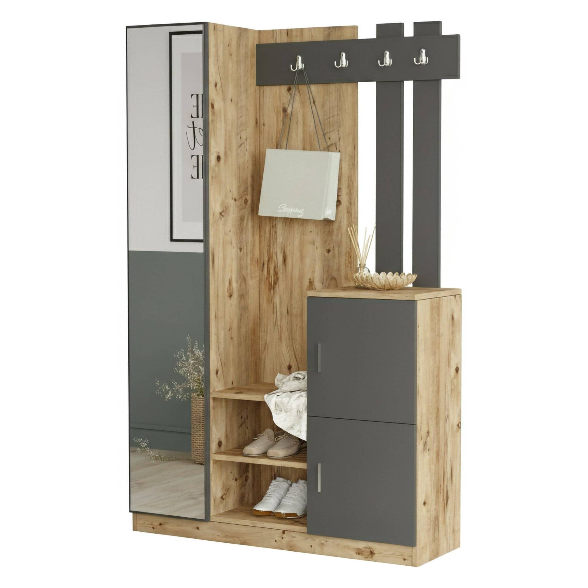 Mueble de entrada arco, 8 estantes, en madera roble marrón