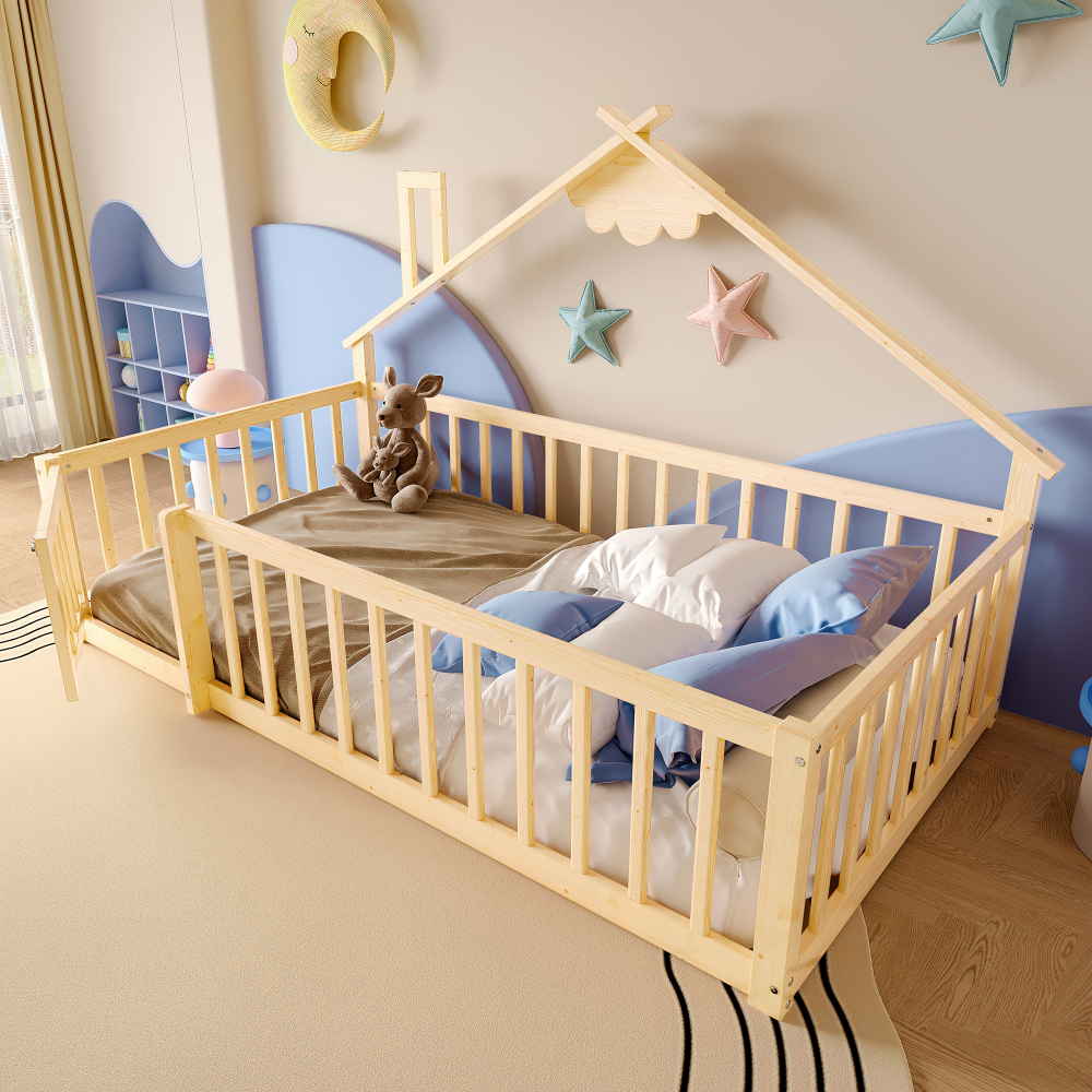 Cama infantil casita 100x200cm barandilla con cierre pino y mdf – natural