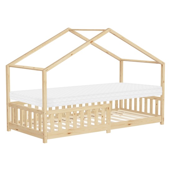 Cama infantil casa de madera natural maciza 90x200cm con colchón 10cm