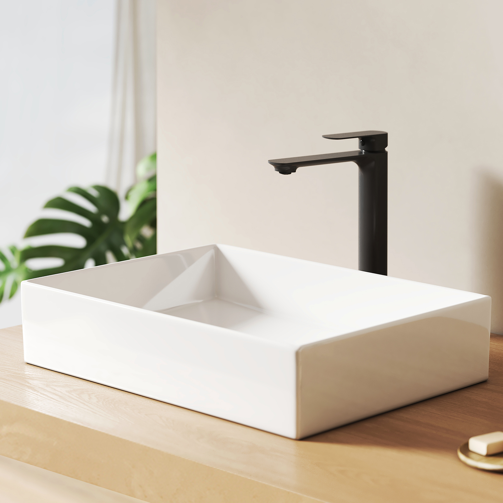 Emke lavabo cuadrado de encimera de cerámica 51x37x11cm, blanco brillante