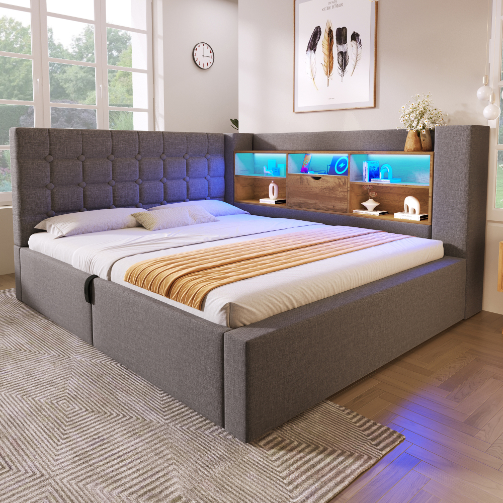 Cama tapizada 140x200cm con LED, carga y almacenaje lino – color gris